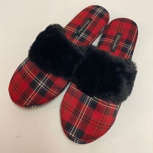 Victoria’s Secret Satin plaid Christmas Slippers Red Black Size M A4